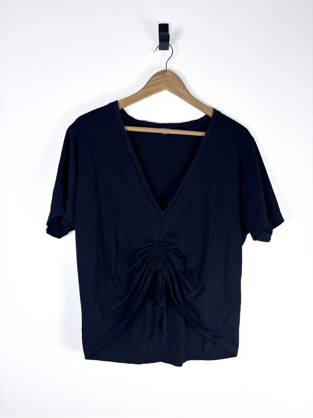Lamarque Black Pima Cotton Short Sleeve V-Neck Ruched Drawstring Tee Size Large
